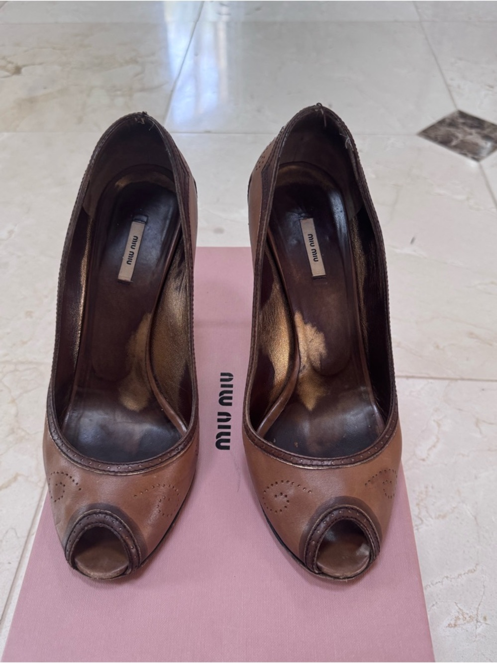 Miu Miu Brown Leather Peep Toe Pumps